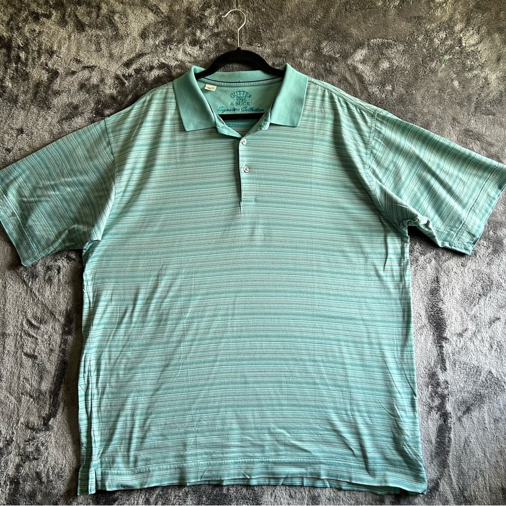Cutter‎ & Buck Polo Shirt Mens 2XL Green Striped Golf Performance Polo Preppy